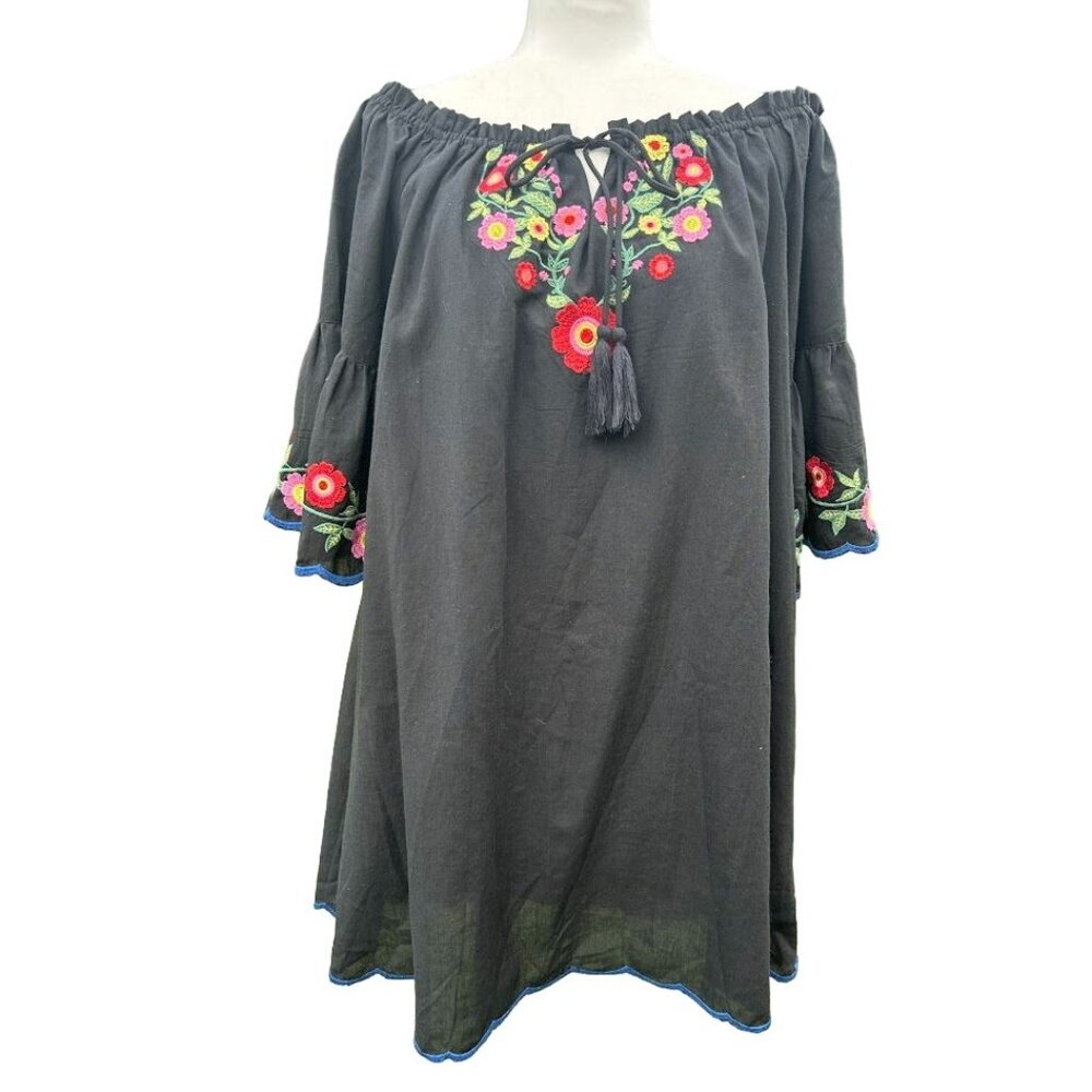 Umgee Women's Black Floral Embroidered Boho‎ Tunic Dress Bell Sleeves Size M